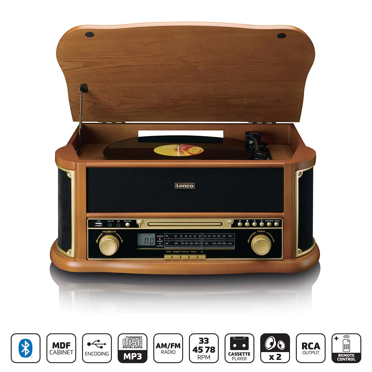 Classic Phono TCD-2551WD - Platine vinyle rétro en bois avec Bluetooth®, radio AM/FM, encodage USB, lecteur CD, lecteur de cassette et haut-parleurs intégrés - Bois - Image 12