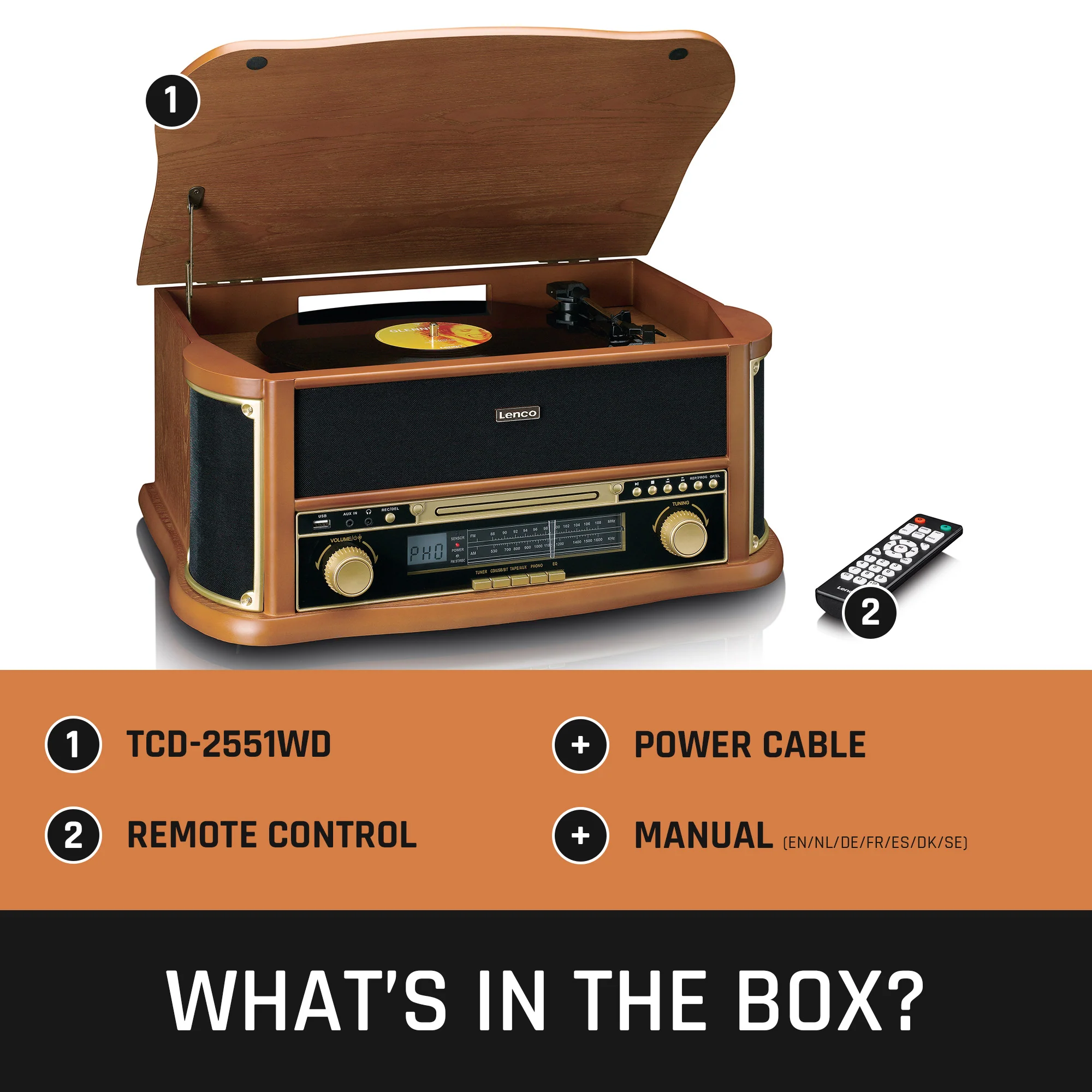 Classic Phono TCD-2551WD - Platine vinyle rétro en bois avec Bluetooth®, radio AM/FM, encodage USB, lecteur CD, lecteur de cassette et haut-parleurs intégrés - Bois - Image 15