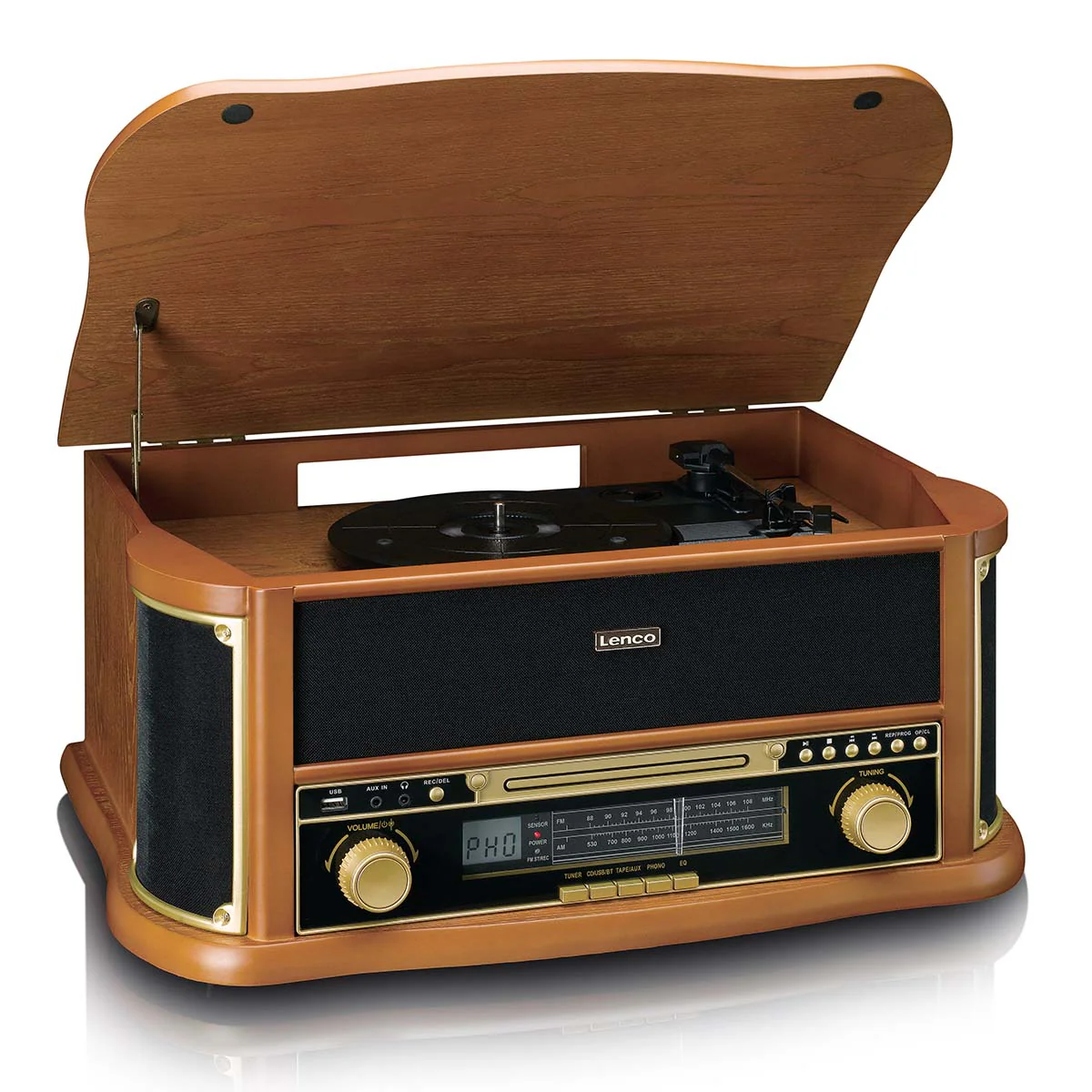 Classic Phono TCD-2551WD - Platine vinyle rétro en bois avec Bluetooth®, radio AM/FM, encodage USB, lecteur CD, lecteur de cassette et haut-parleurs intégrés - Bois - Image 8