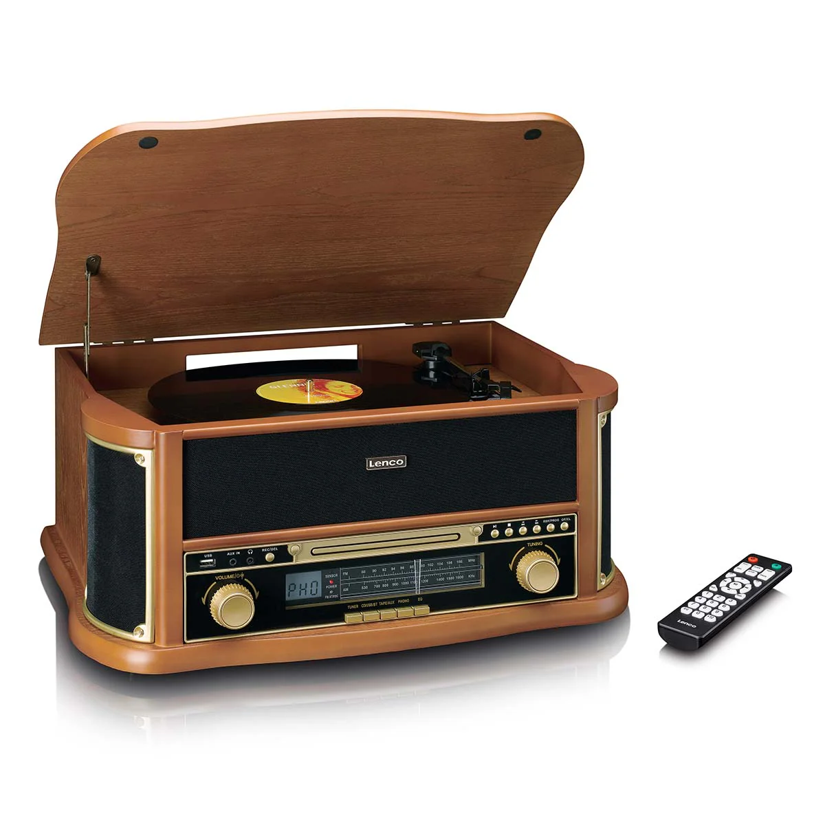 Classic Phono TCD-2551WD - Platine vinyle rétro en bois avec Bluetooth®, radio AM/FM, encodage USB, lecteur CD, lecteur de cassette et haut-parleurs intégrés - Bois - Image 9
