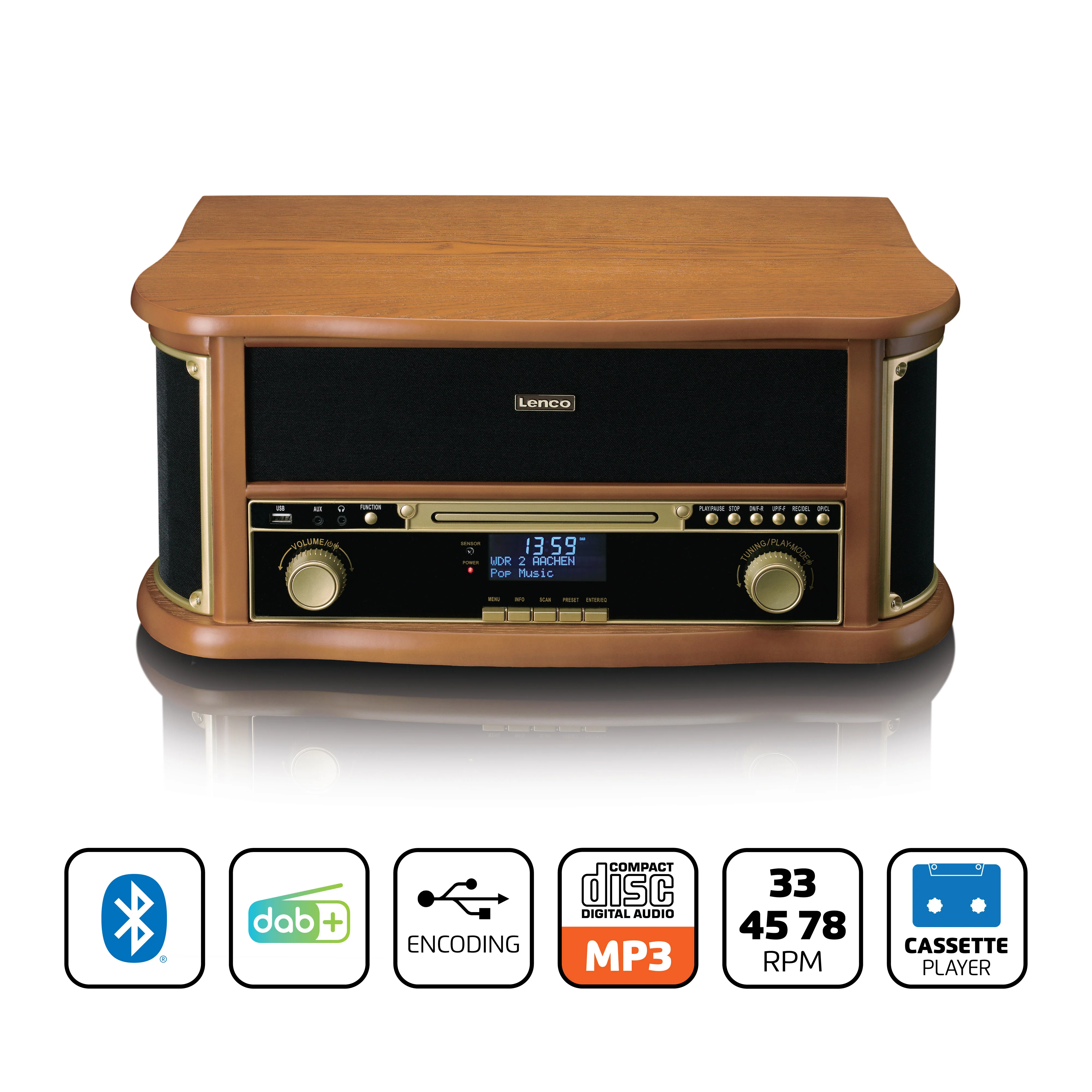 Classic Phono TCD-2571WD - Platine vinyle rétro en bois avec Bluetooth®, radio DAB+/FM, encodage USB, lecteur CD, lecteur de cassette et haut-parleurs intégrés - Bois - Image 10