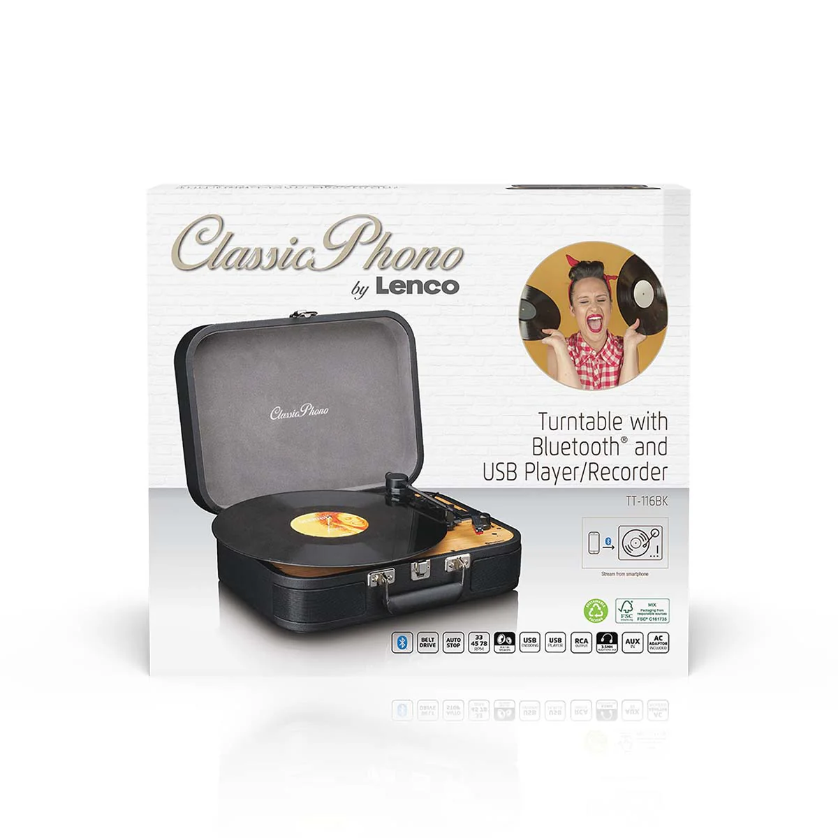 Classic Phono TT-116BK - Platine vinyle rétro Bluetooth® avec haut-parleurs intégrés - Noir - Image 12