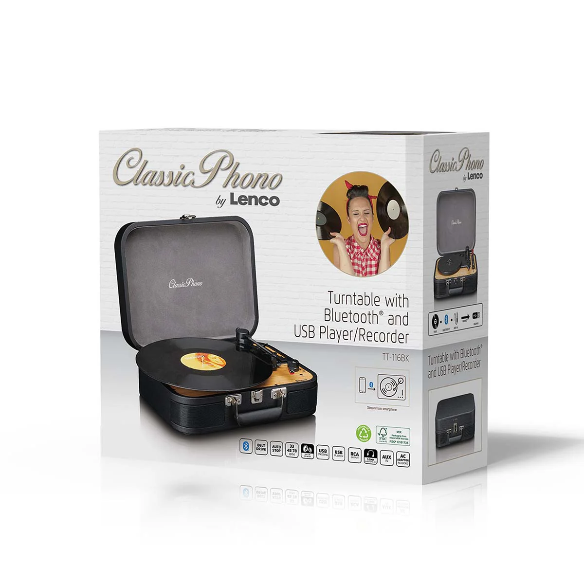 Classic Phono TT-116BK - Platine vinyle rétro Bluetooth® avec haut-parleurs intégrés - Noir - Image 13