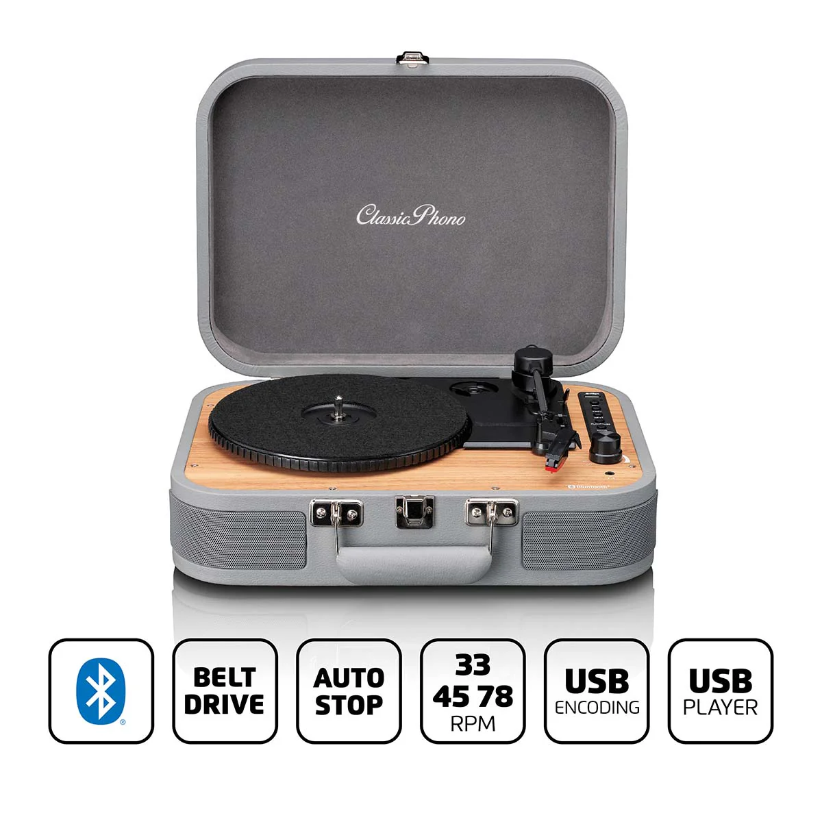 Classic Phono TT-116GY - Platine vinyle rétro Bluetooth® avec haut-parleurs intégrés - Gris - Image 8