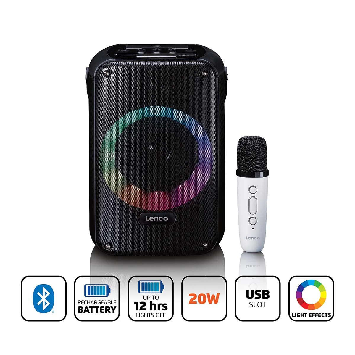 LENCO BTC-060BK - Ensemble de karaoké avec Bluetooth®, batterie rechargeable, microphone karaoké sans fil et éclairage LED disco - Image 11