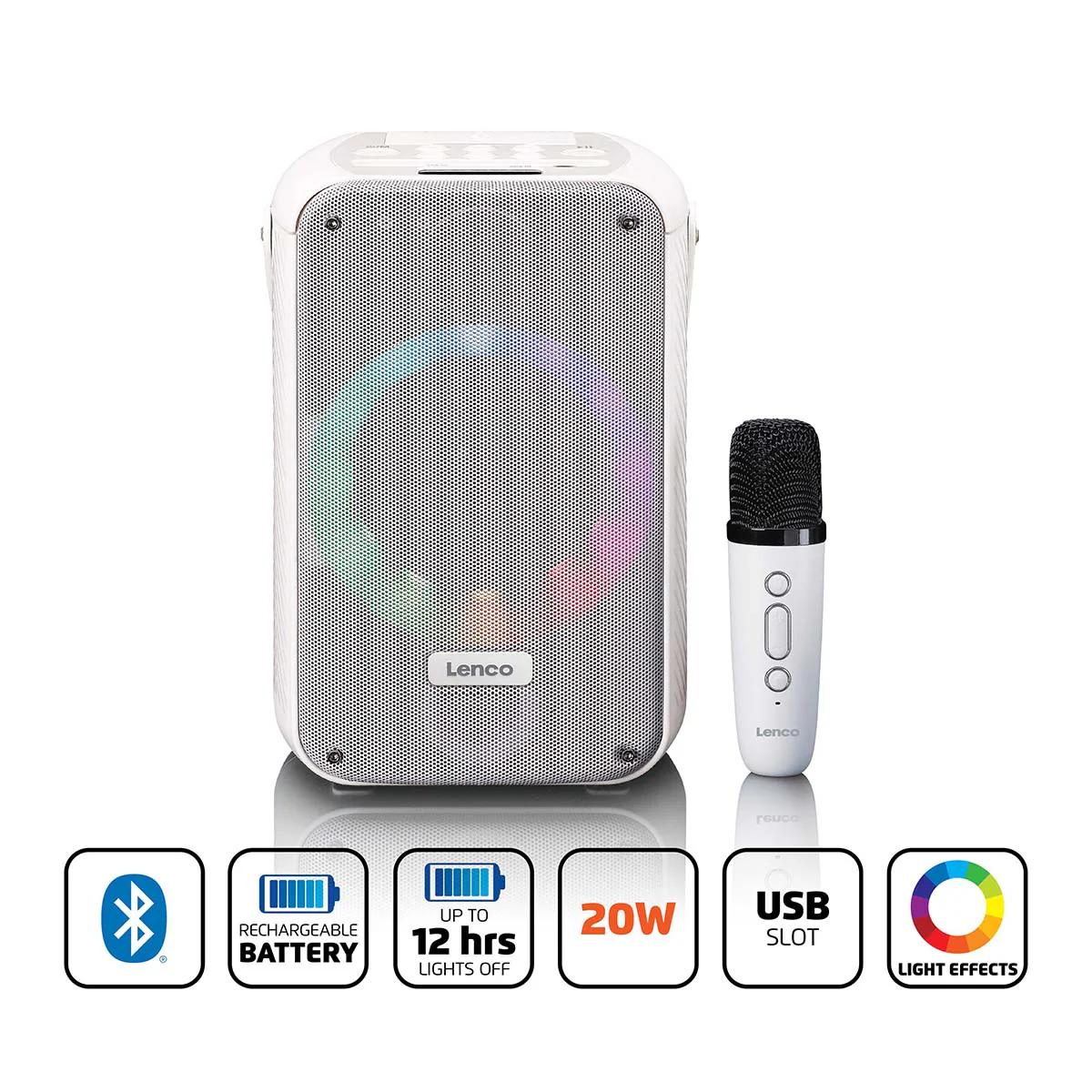LENCO BTC-060WH - Ensemble de karaoké avec Bluetooth®, batterie rechargeable, microphone karaoké sans fil et éclairage LED disco - Blanc - Image 11