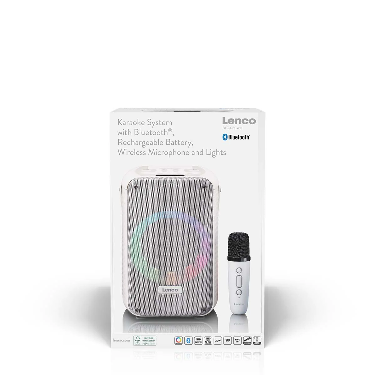 LENCO BTC-060WH - Ensemble de karaoké avec Bluetooth®, batterie rechargeable, microphone karaoké sans fil et éclairage LED disco - Blanc - Image 14