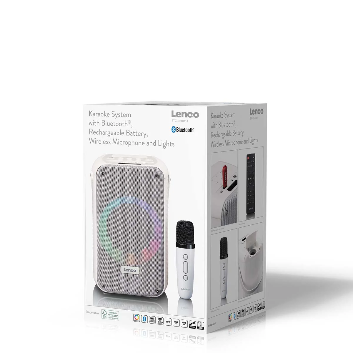 LENCO BTC-060WH - Ensemble de karaoké avec Bluetooth®, batterie rechargeable, microphone karaoké sans fil et éclairage LED disco - Blanc - Image 15