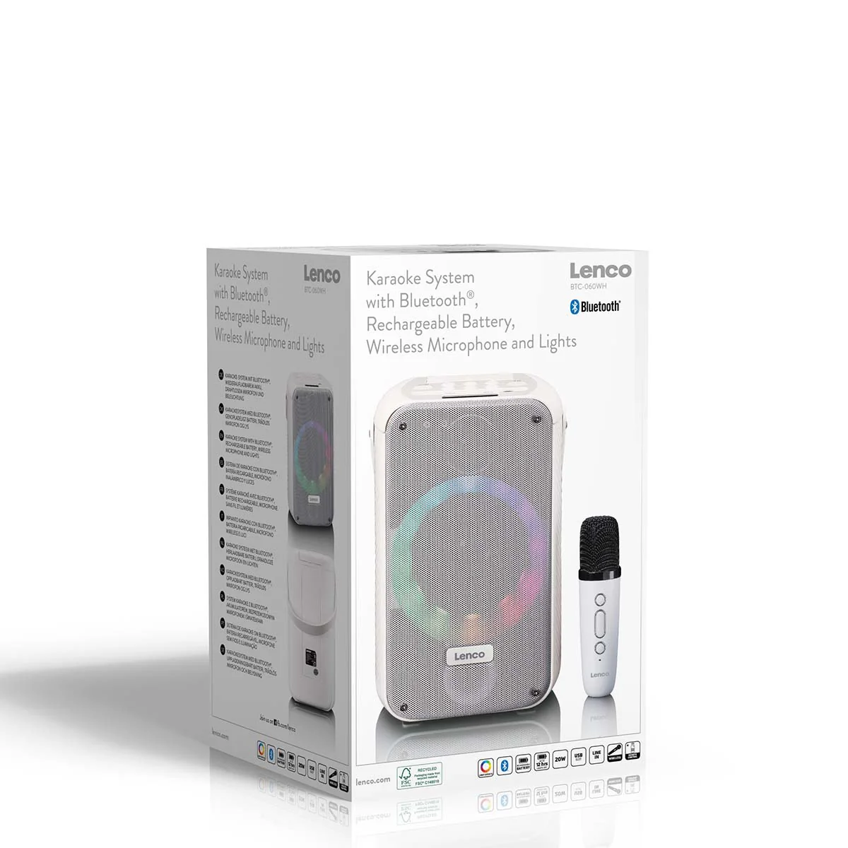 LENCO BTC-060WH - Ensemble de karaoké avec Bluetooth®, batterie rechargeable, microphone karaoké sans fil et éclairage LED disco - Blanc - Image 16