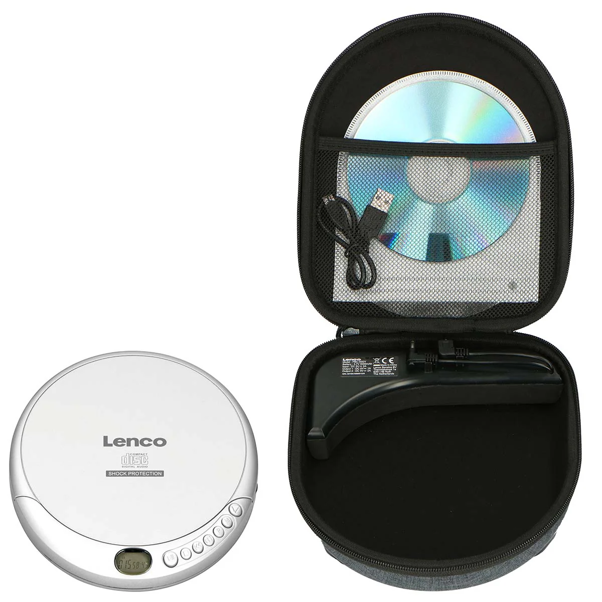 Lenco CD-201SI+PBC-50GY - Lecteur CD/MP3 portable avec protection anti-choc et étui de rangement pratique avec powerbank intégrée - Argent/Gris - Image 2