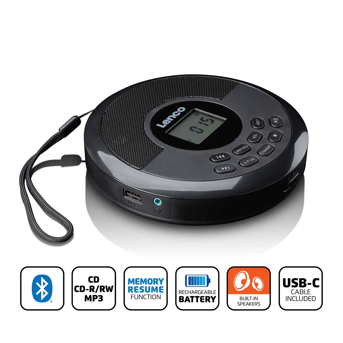 Lenco CD-340BK - Lecteur CD/MP3 portable avec Bluetooth et haut-parleurs intégrés - Noir - Image 8