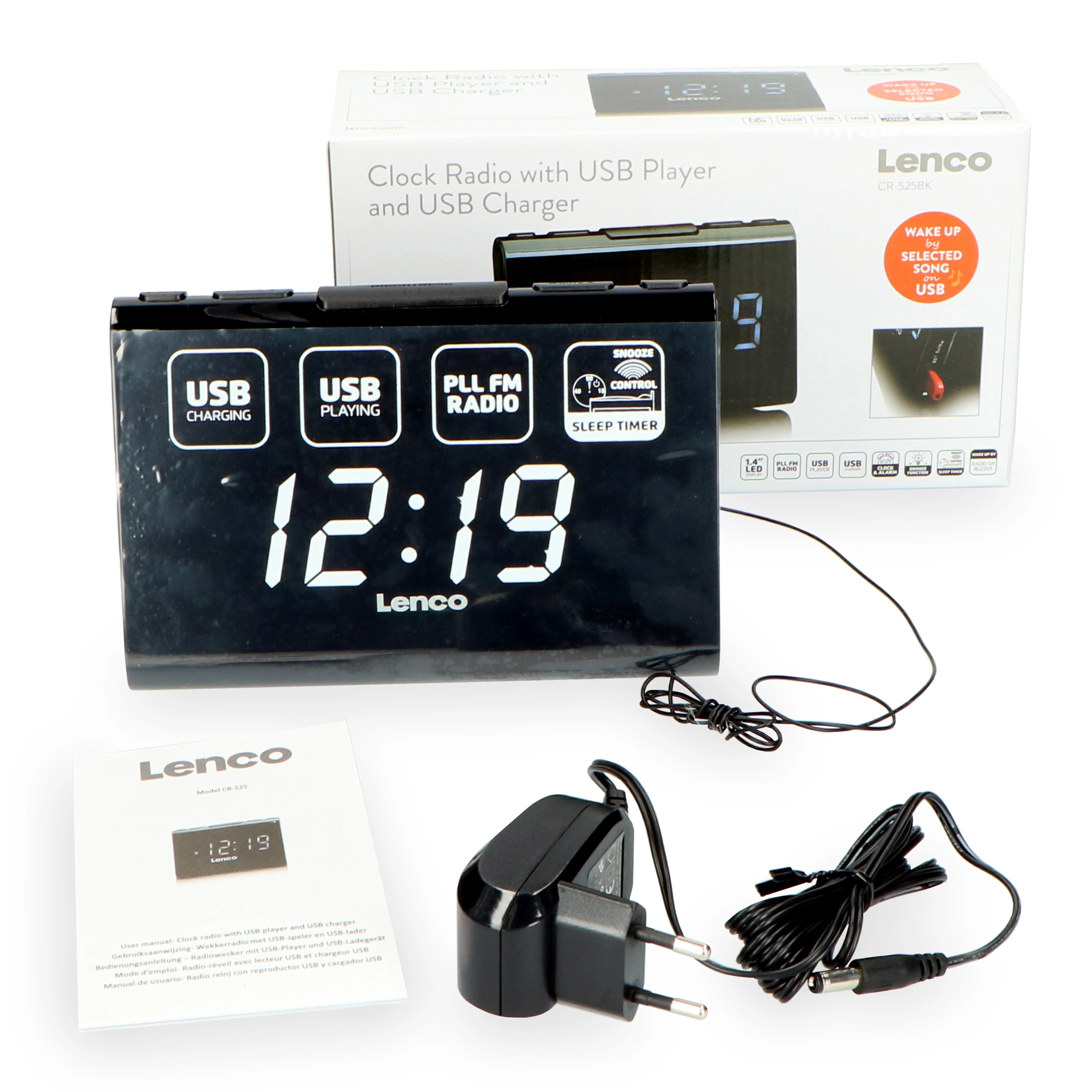 Lenco CR-525BK - Radio-réveil FM avec lecteur USB et chargeur USB - Noir - Image 7