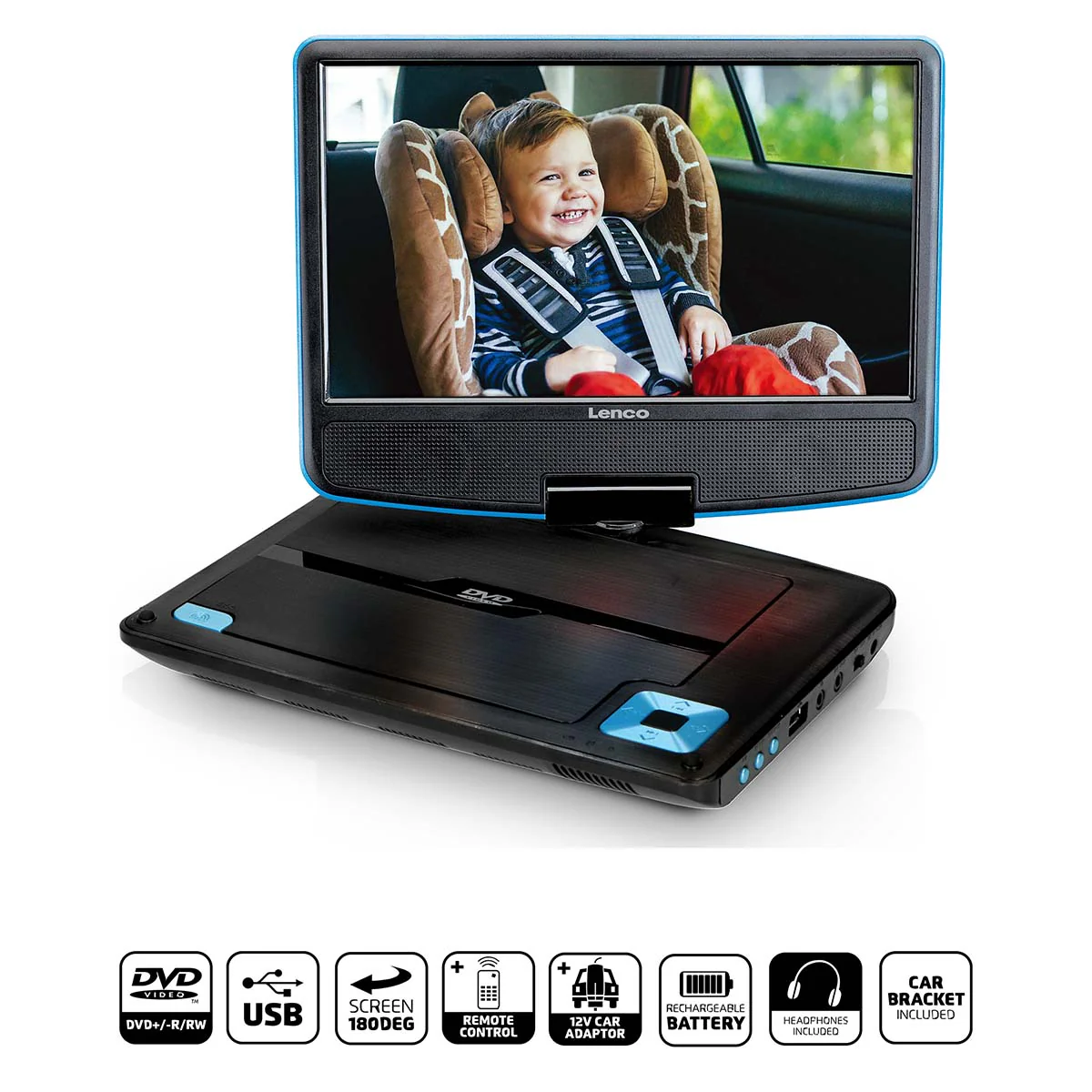 Lenco DVP-910BU - Lecteur DVD portable de 9 pouces avec casque, port USB et dispositif de suspension - Bleu/noir - Image 13
