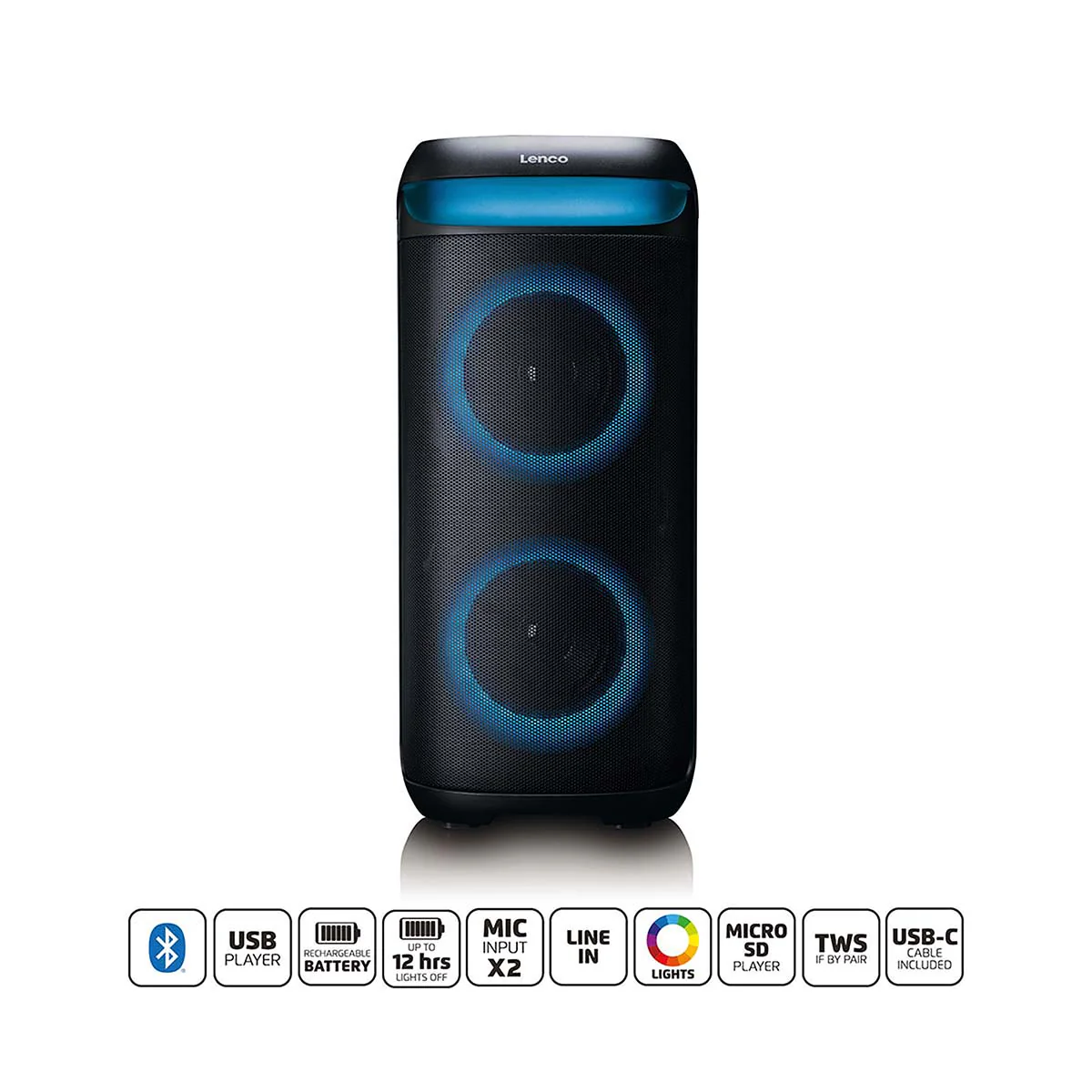 Lenco PA-210BK - Enceinte de soirée Bluetooth® avec effets lumineux LED - Puissance de sortie 100 W, TWS, USB, jusqu'à 12 heures d'autonomie - Noir - Image 15