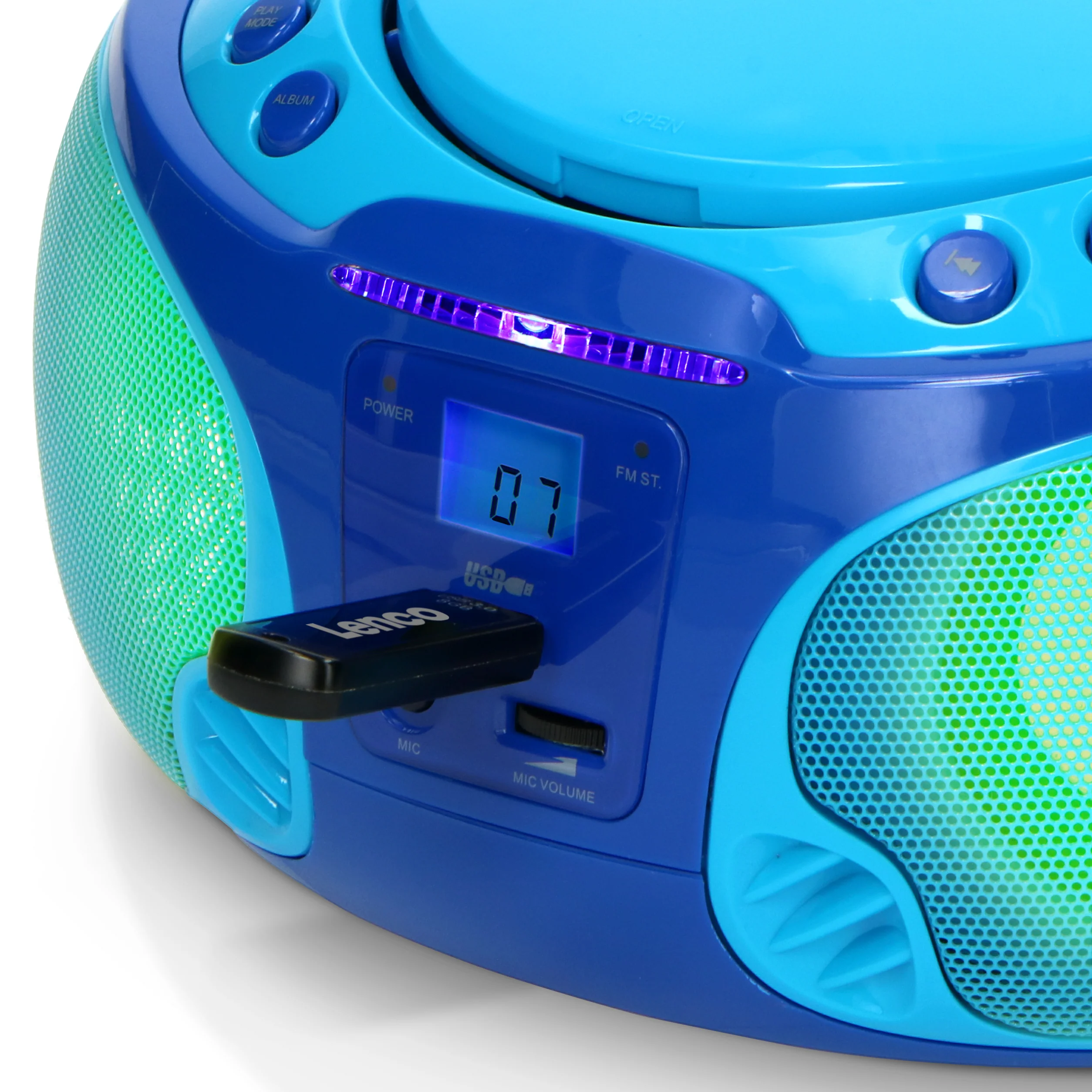 Lenco SCD-650BU - Radio FM et lecteur CD/MP3/USB portable avec microphone et effets lumineux - Bleu - Image 12