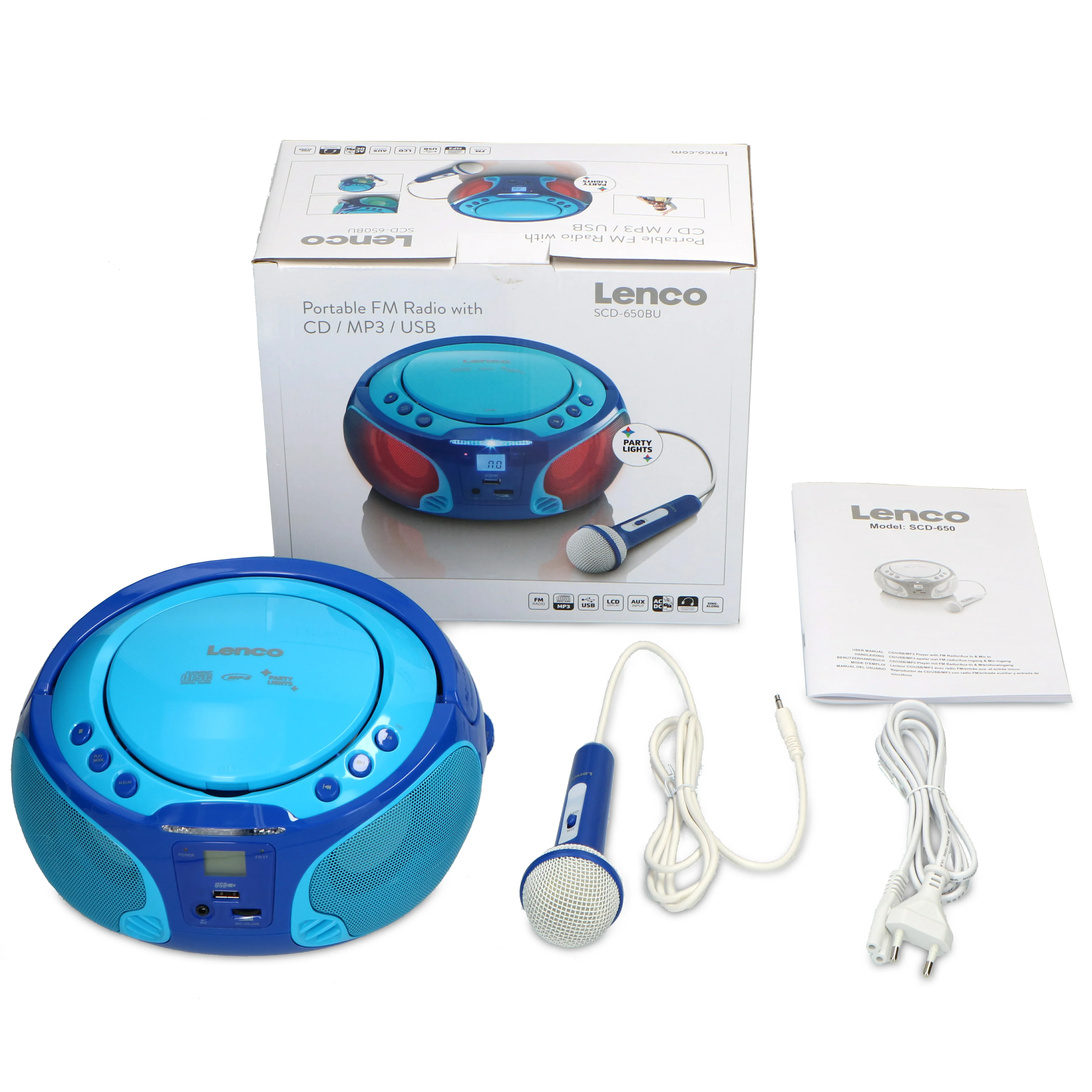 Lenco SCD-650BU - Radio FM et lecteur CD/MP3/USB portable avec microphone et effets lumineux - Bleu - Image 15